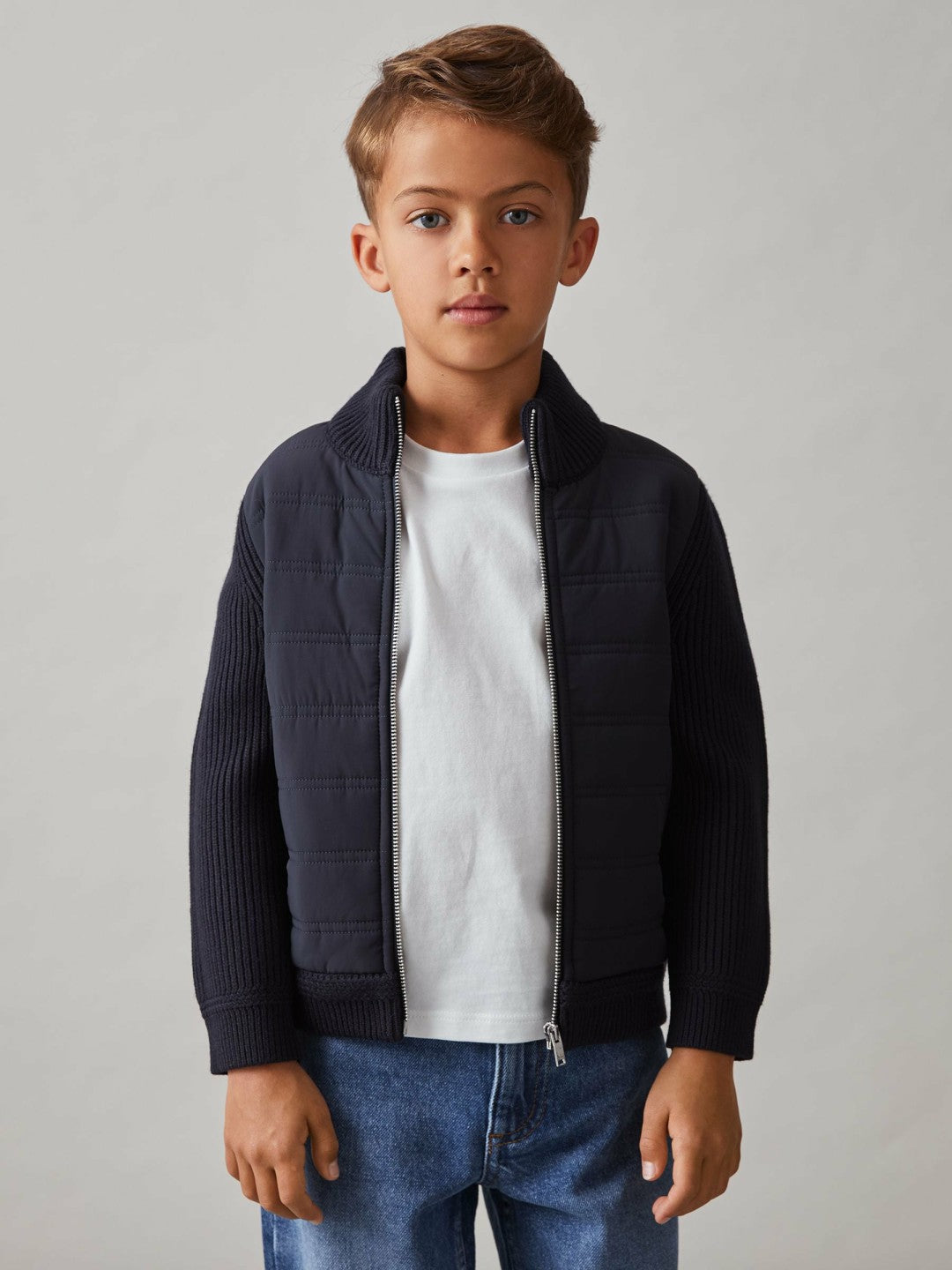 3-9 yrs Hybrid Quilt and Knit Zip Through Jacket in Navy
