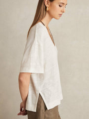 Linen V-Neck T-Shirt in White