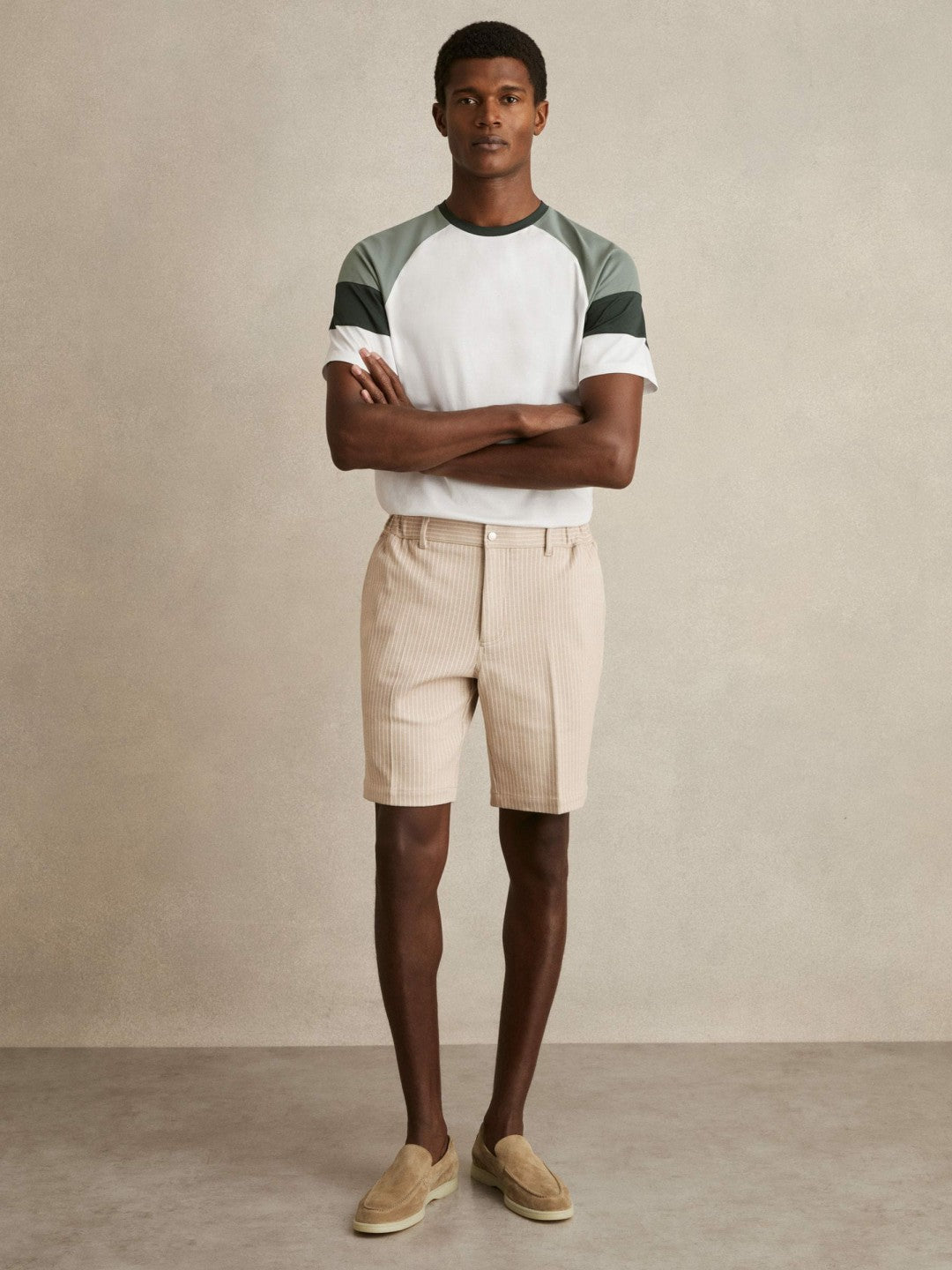 Mercerised-Cotton Colourblock T-Shirt in White/Sage