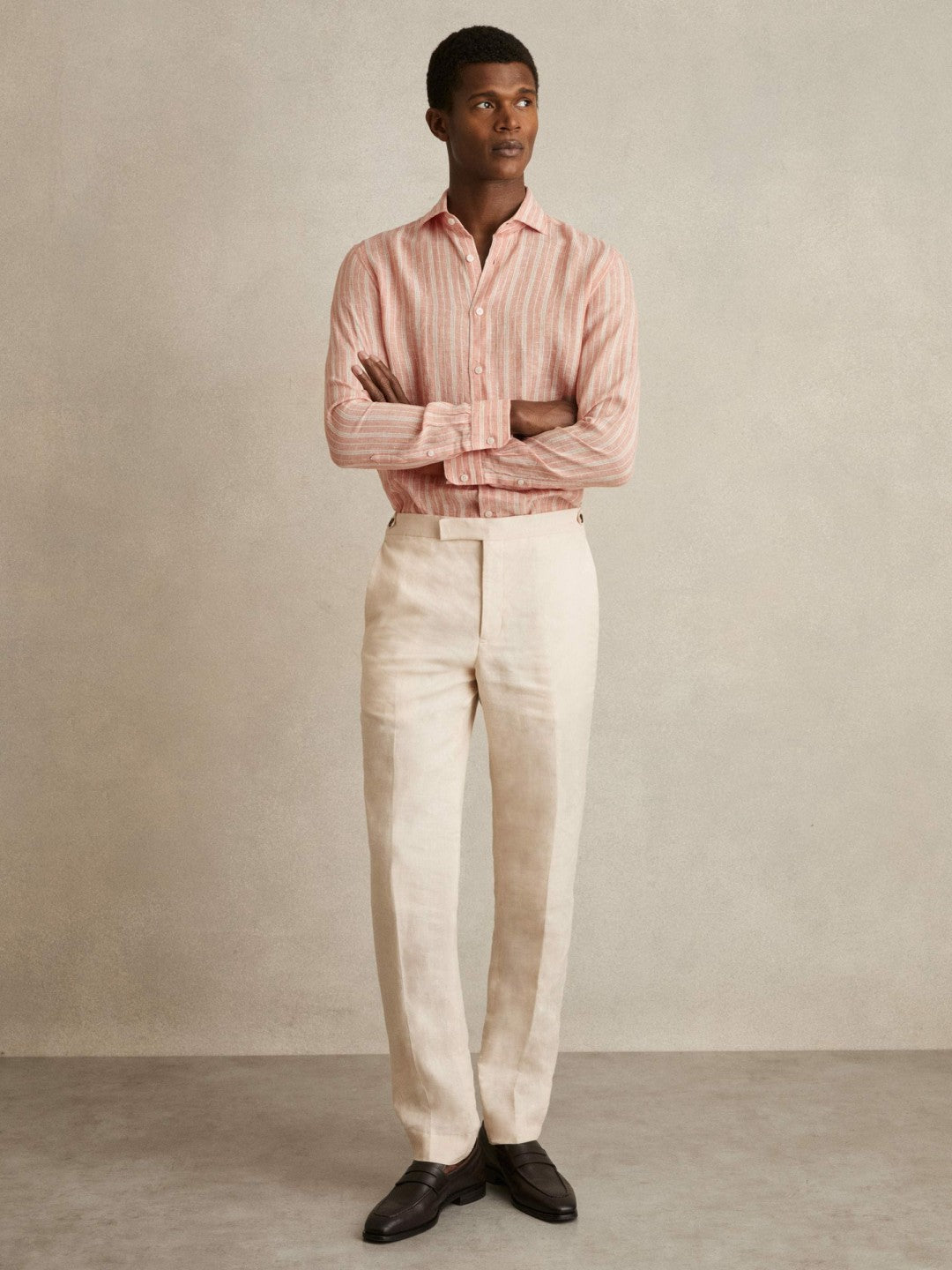 Linen Striped Long Sleeve Shirt in Pink Rose/White Bengal Stripe