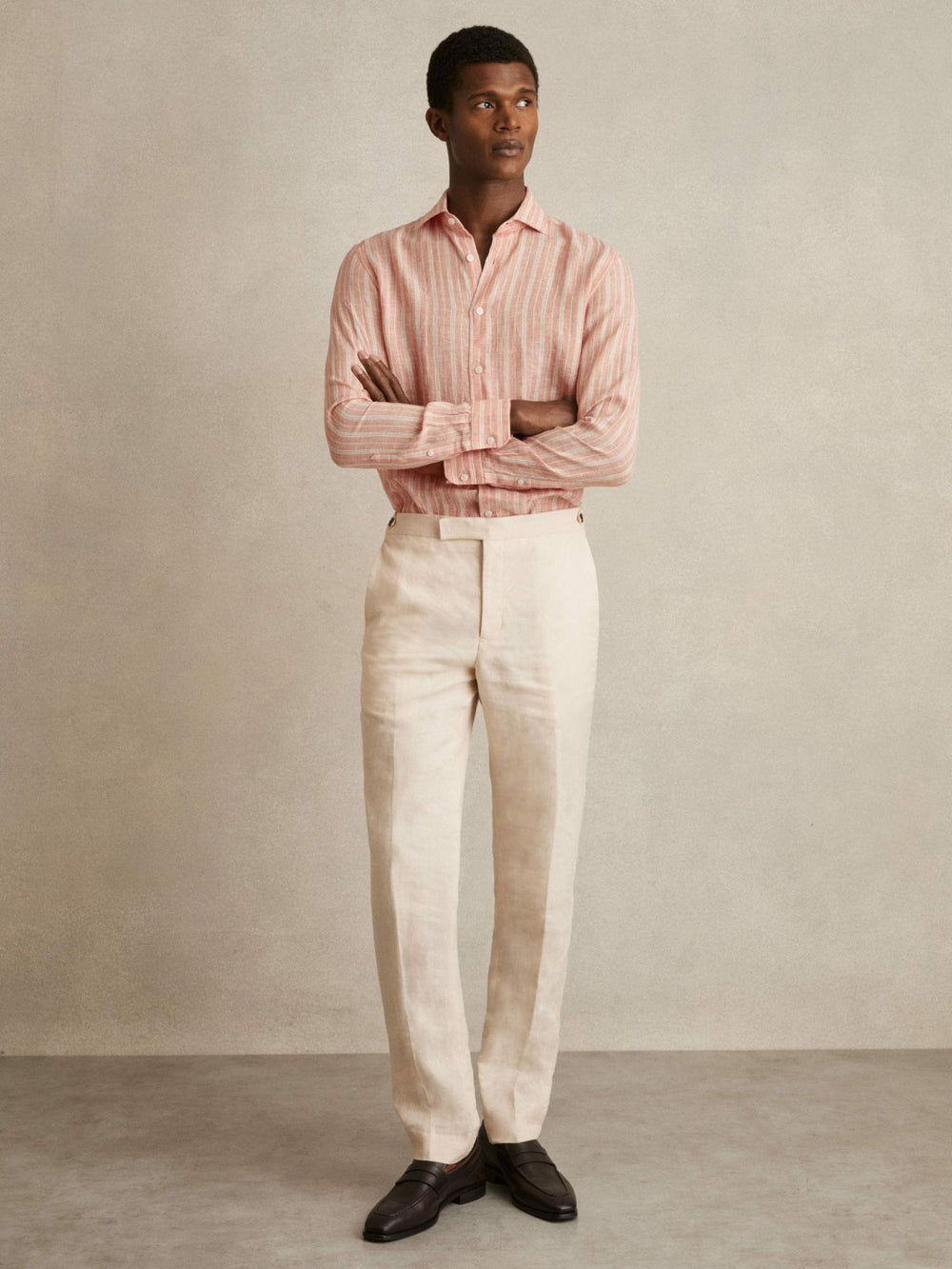 Linen Striped Long Sleeve Shirt in Pink Rose/White Bengal Stripe