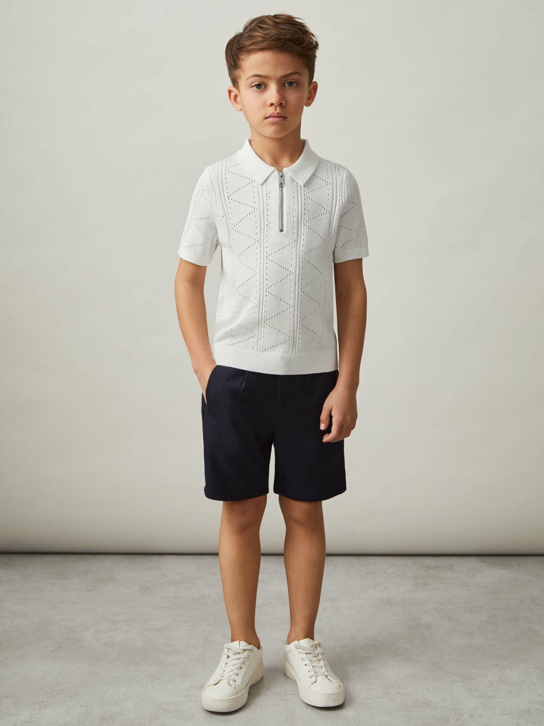 9-13 yrs Half-Zip Pointelle Polo Shirt in Off White