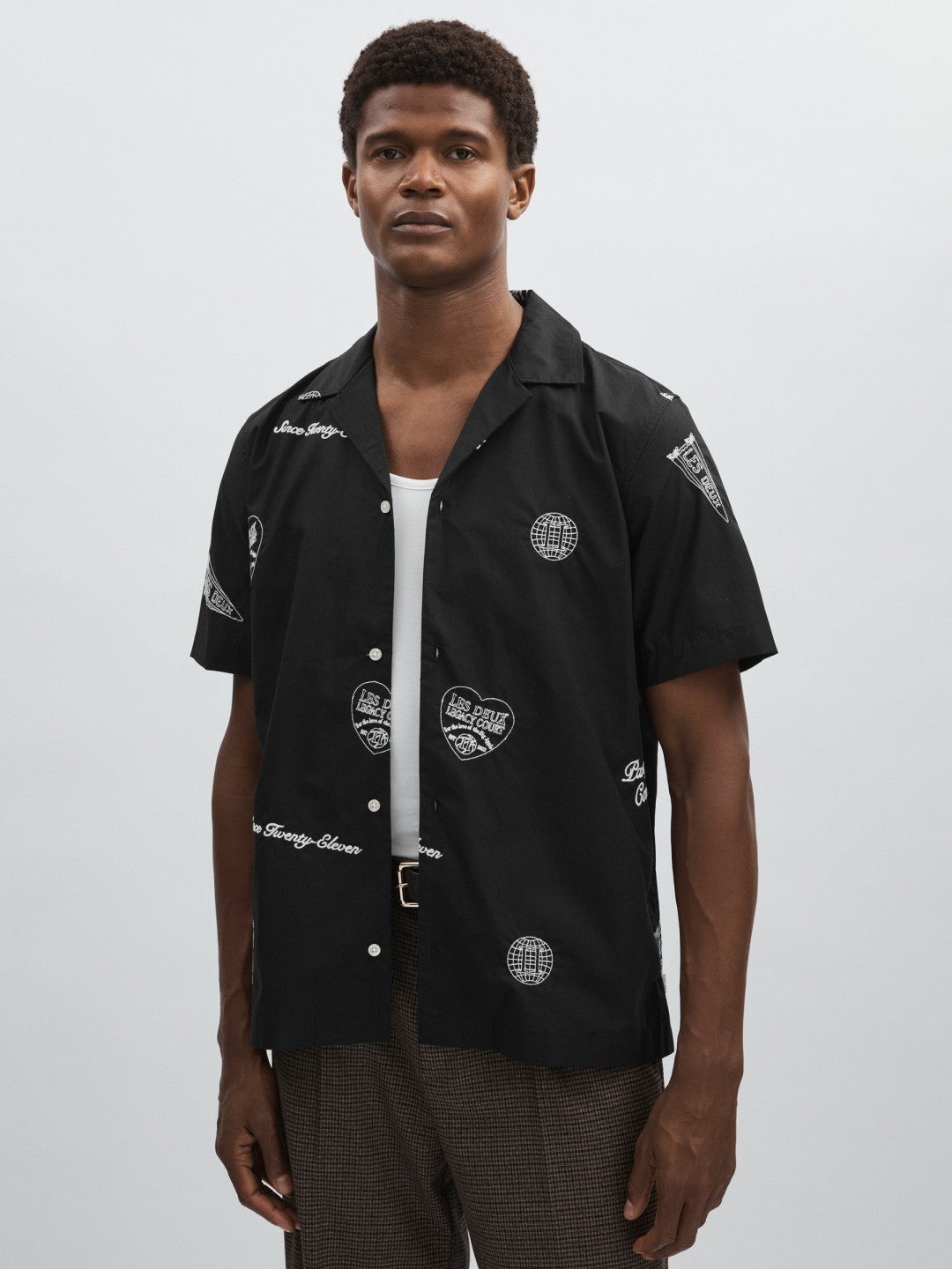 Les Deux Cotton Embroidered Shirt in Black Print