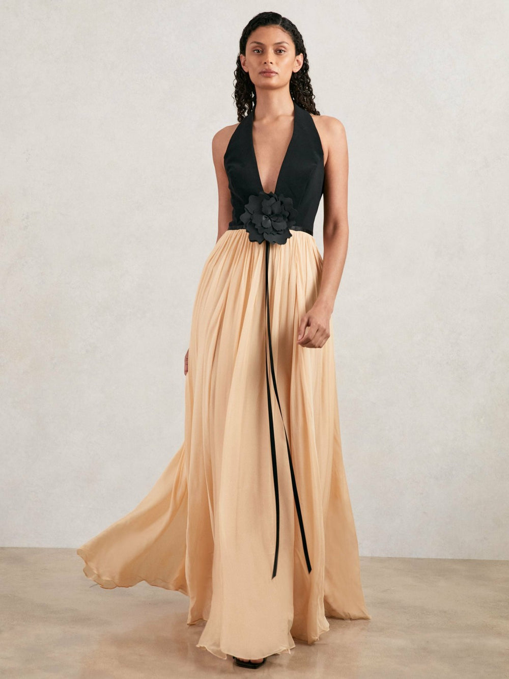 Halston Crepe and Chiffon Maxi Dress in Black/Ivory
