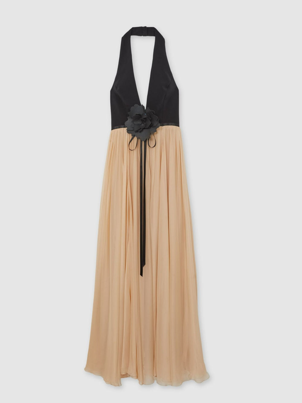 Halston Crepe and Chiffon Maxi Dress in Black/Ivory