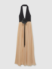 Halston Crepe and Chiffon Maxi Dress in Black/Ivory