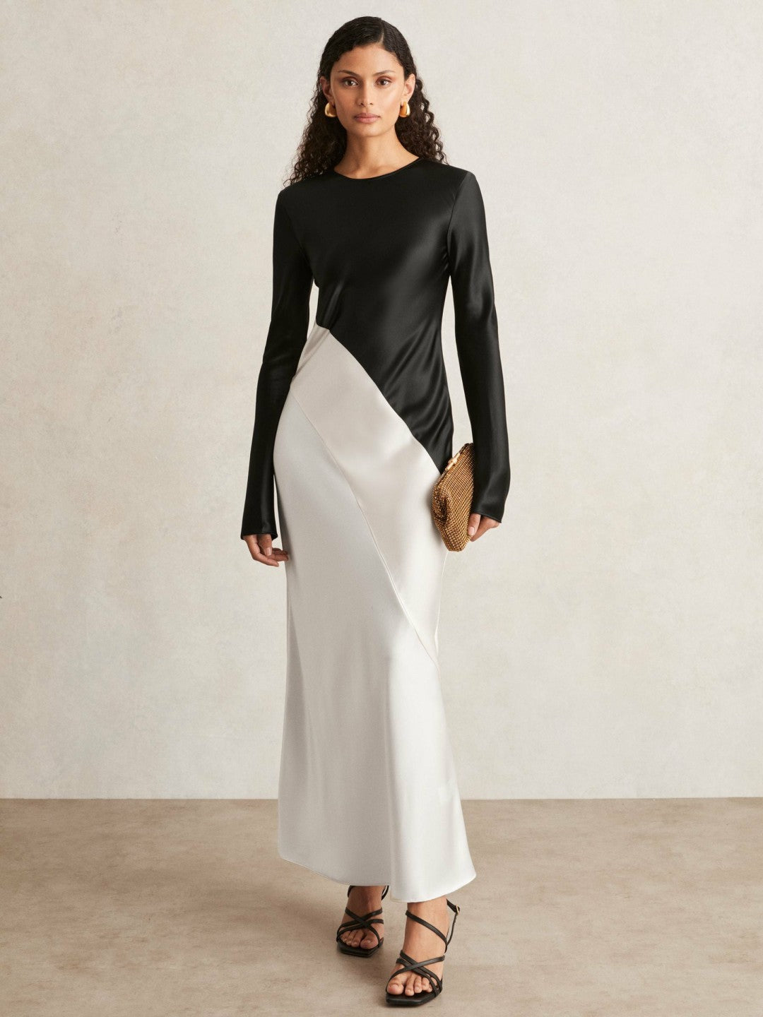 Acler Satin Colour Block Midi Dress in Ivory/Black