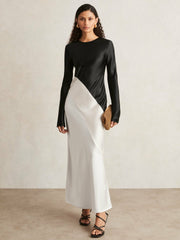 Acler Satin Colour Block Midi Dress in Ivory/Black