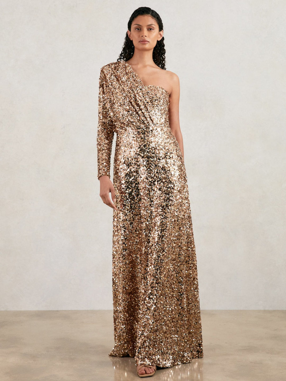 Halston Sequin One Shoulder Maxi Dress in Gold