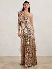 Halston Sequin One Shoulder Maxi Dress in Gold