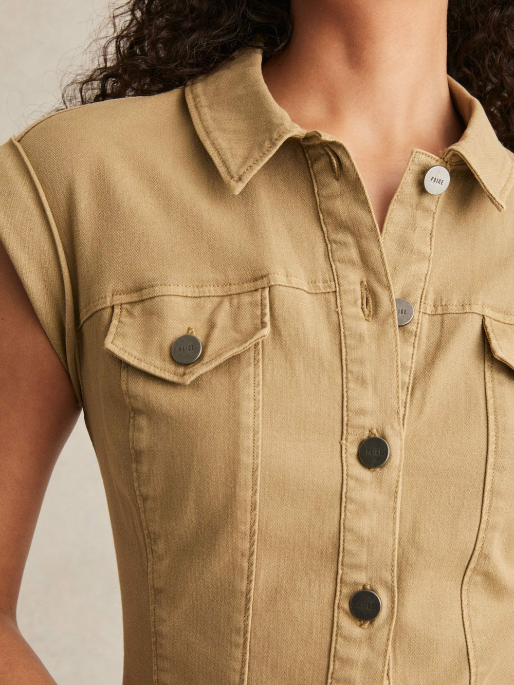 Paige Fern Beige Denim Button Through Mini Dress in Fern Beige