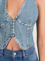 Studded Denim Vest in Indigo Blue
