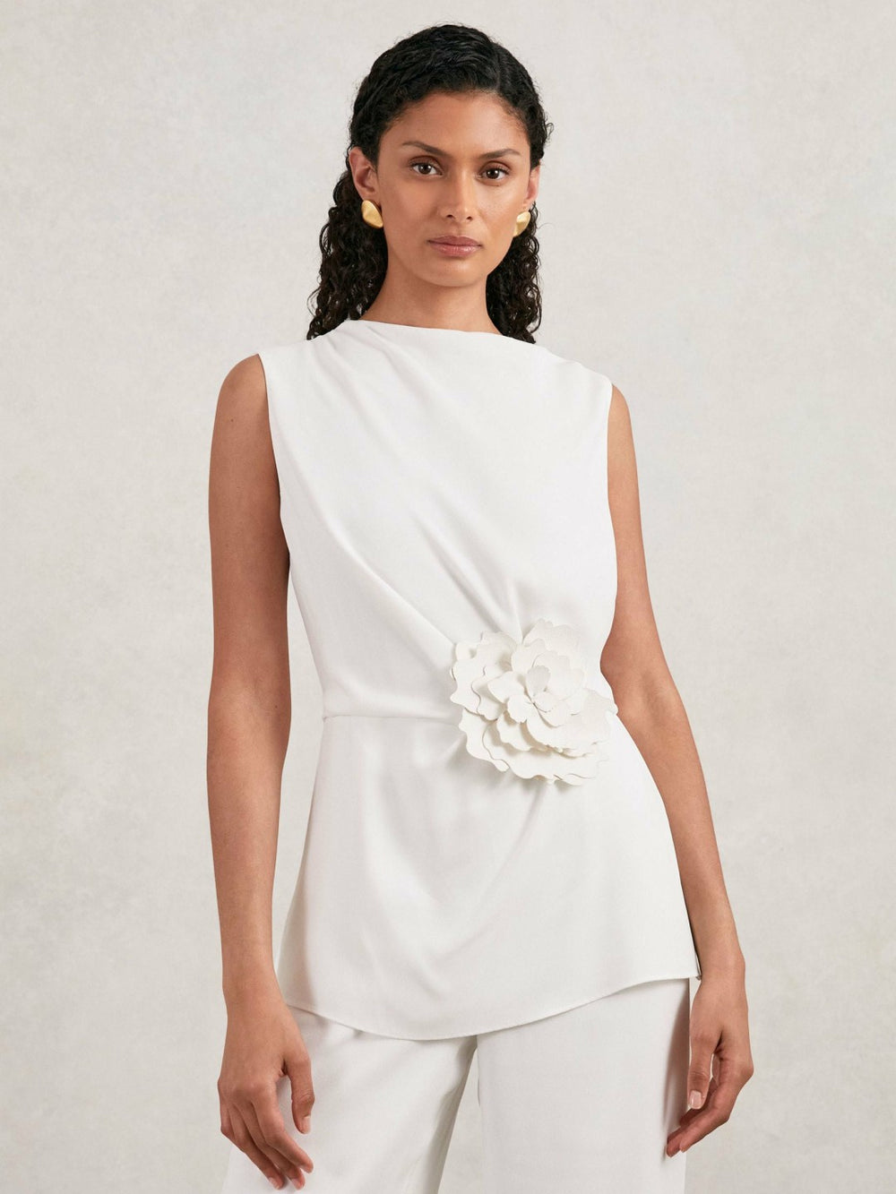 Halston Crepe Wide Leg Jumpsuit in Ivory