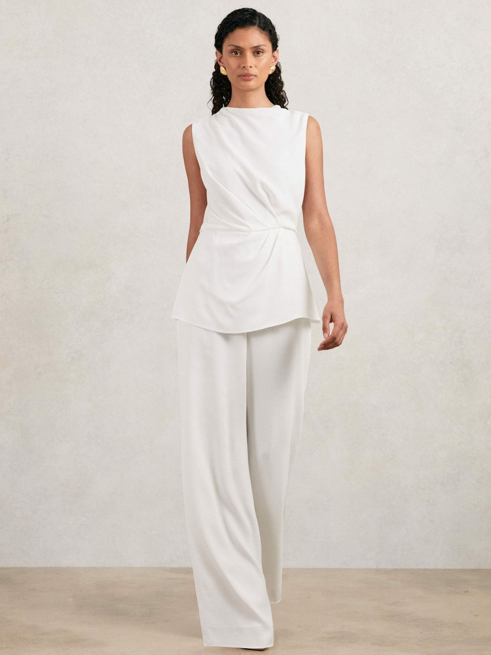 Halston Crepe Wide Leg Jumpsuit in Ivory