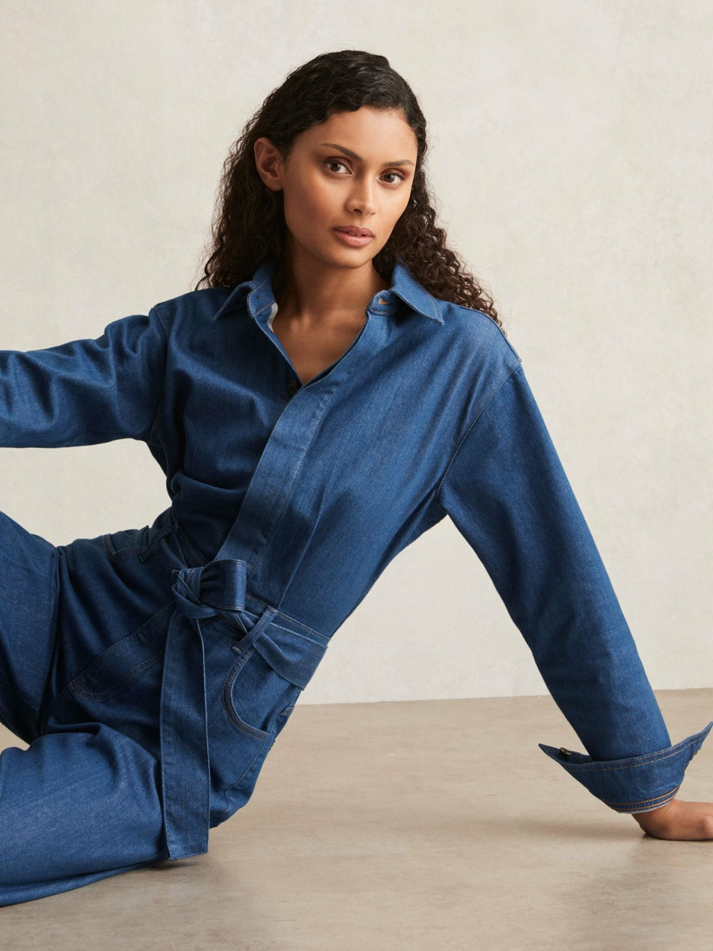 Paige Maraya Blue Wide Leg Belted Denim Jumpsuit in Maraya Blue