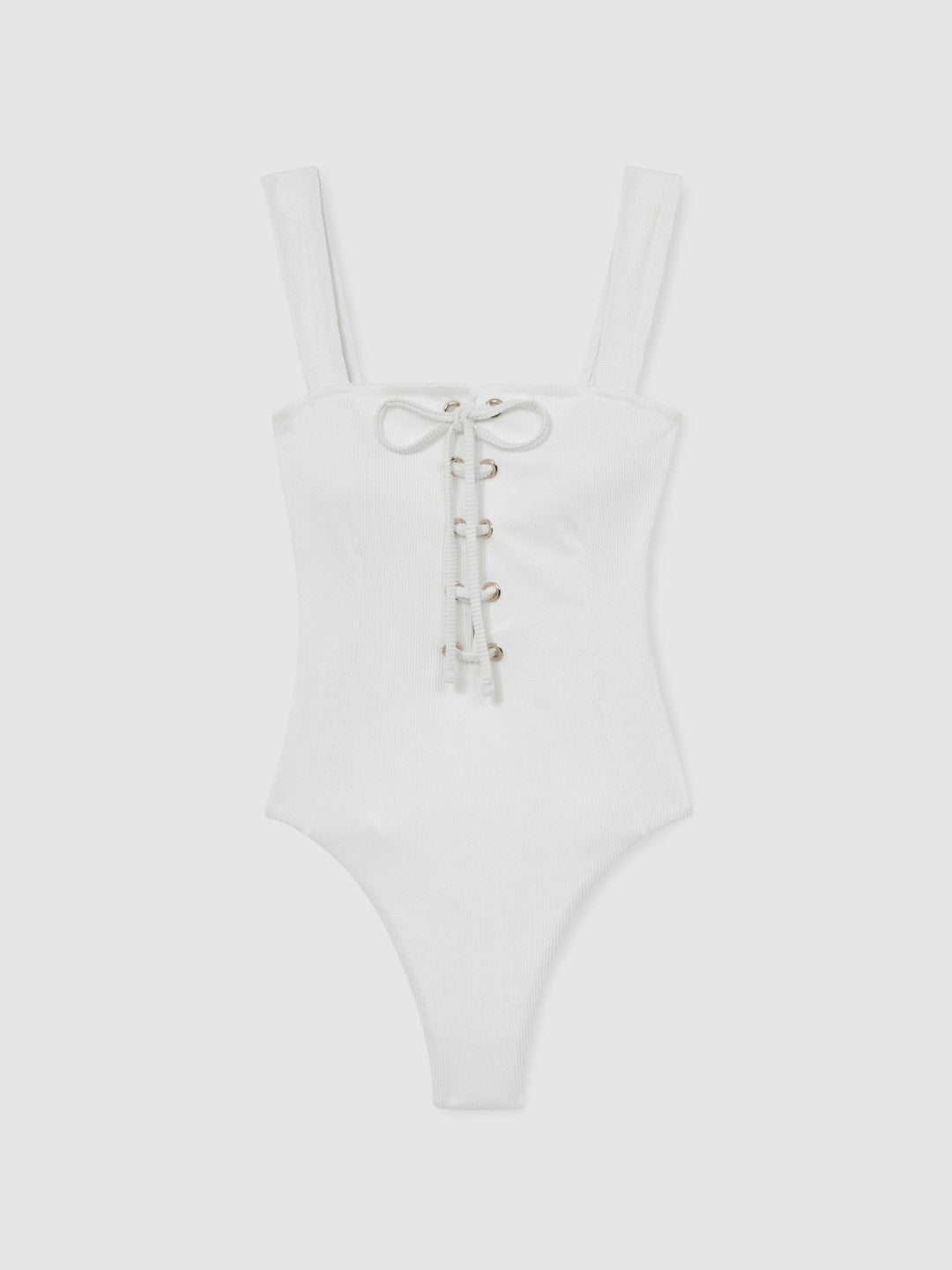 Ribbed Lace-Up Swimsuit in White