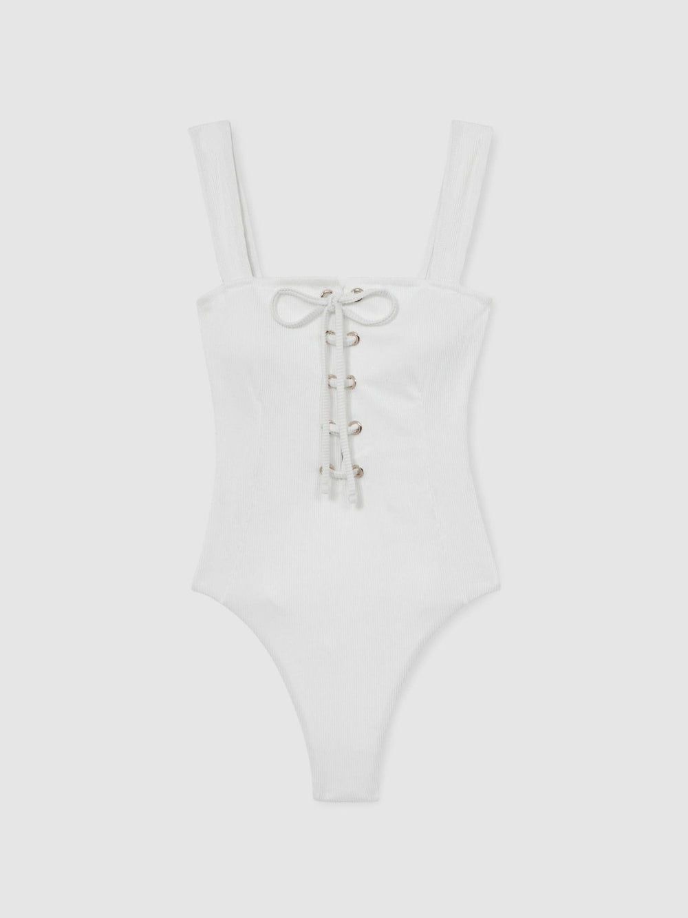 Ribbed Lace-Up Swimsuit in White