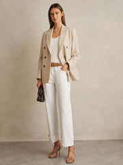Petite Double Breasted Check Blazer With Wool in Neutral Check