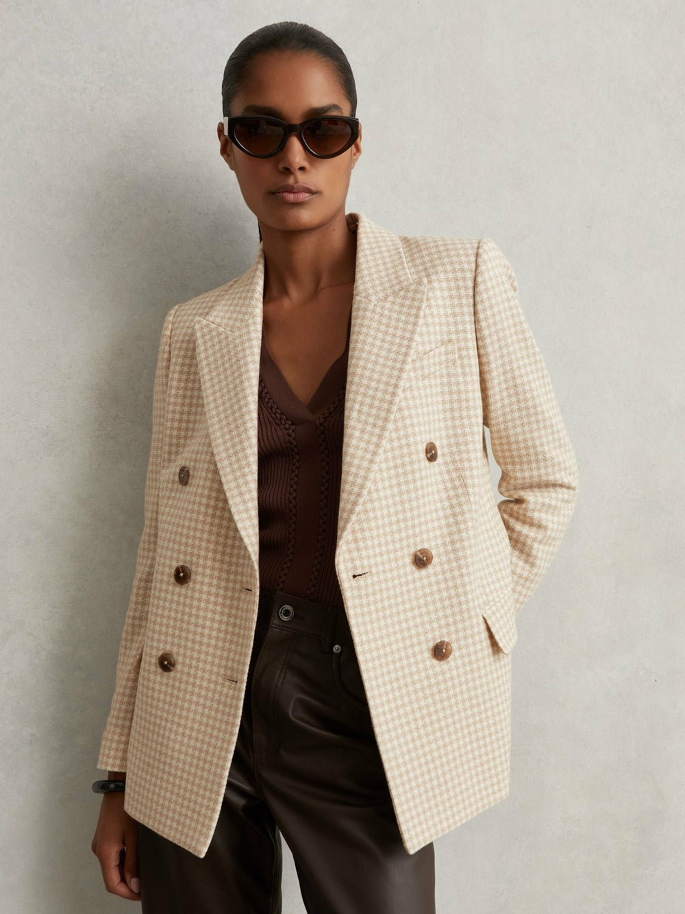 Double Breasted Check Blazer With Wool in Neutral Check