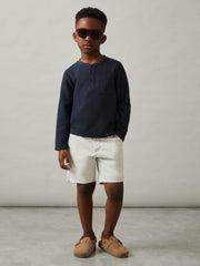 13-14 yrs Cotton-Blend Waffle Henley T-Shirt in Navy