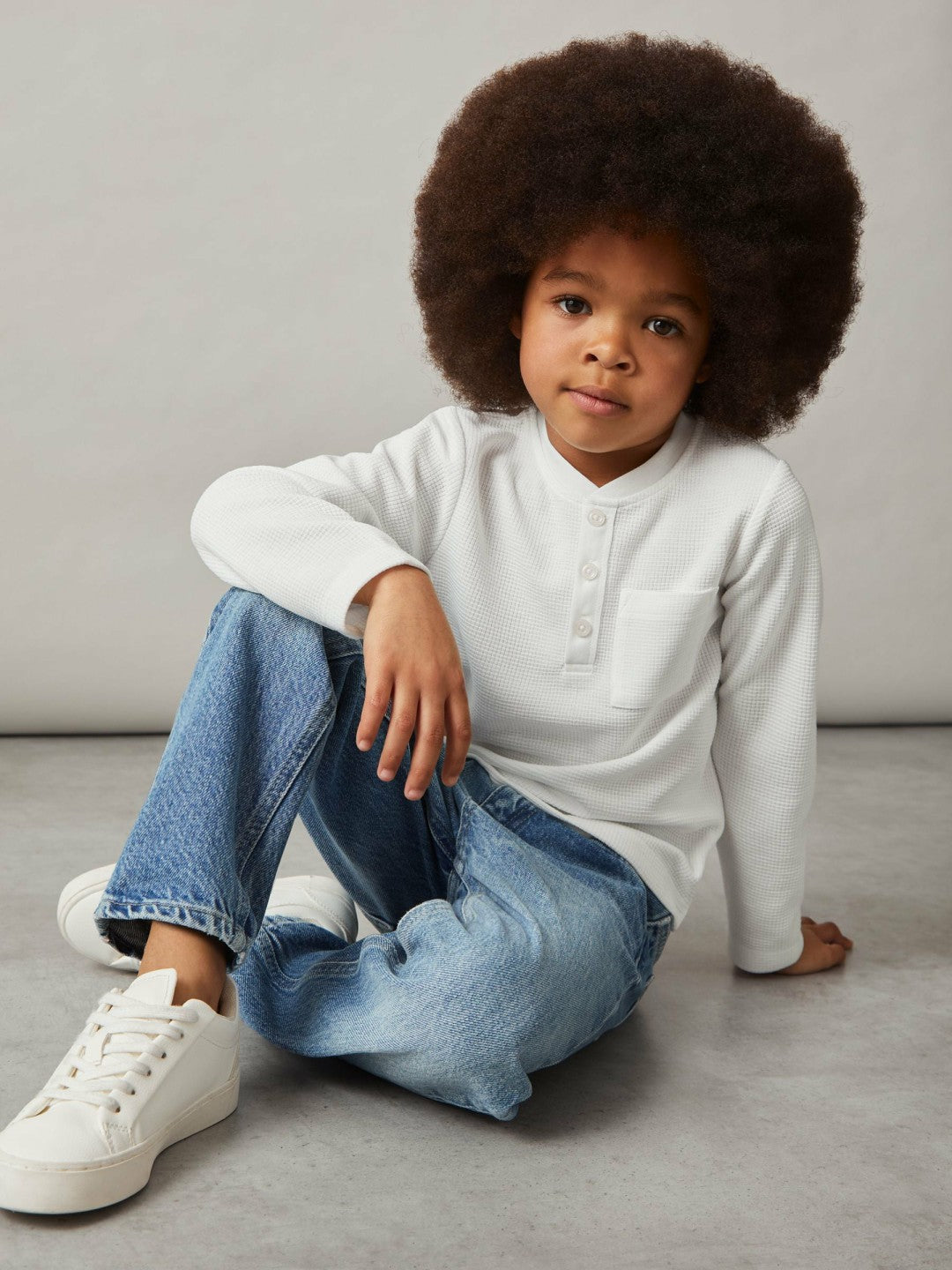 13-14 yrs Cotton-Blend Waffle Henley T-Shirt in White
