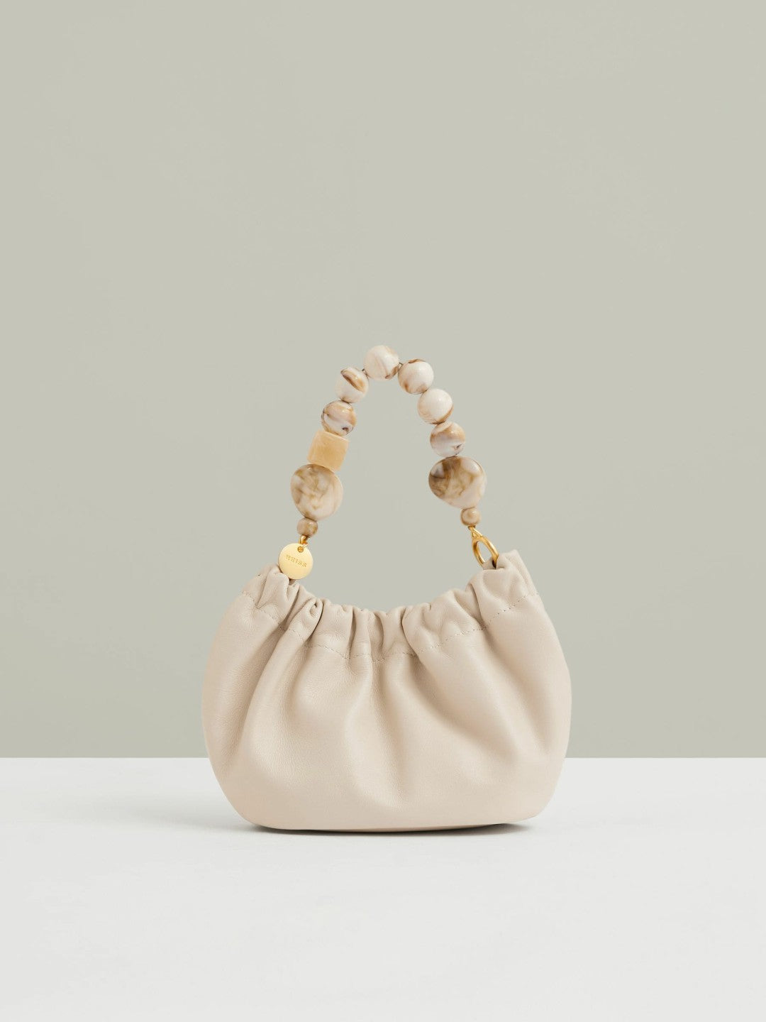 Leather Bead-Handle Pouch Bag in Off White