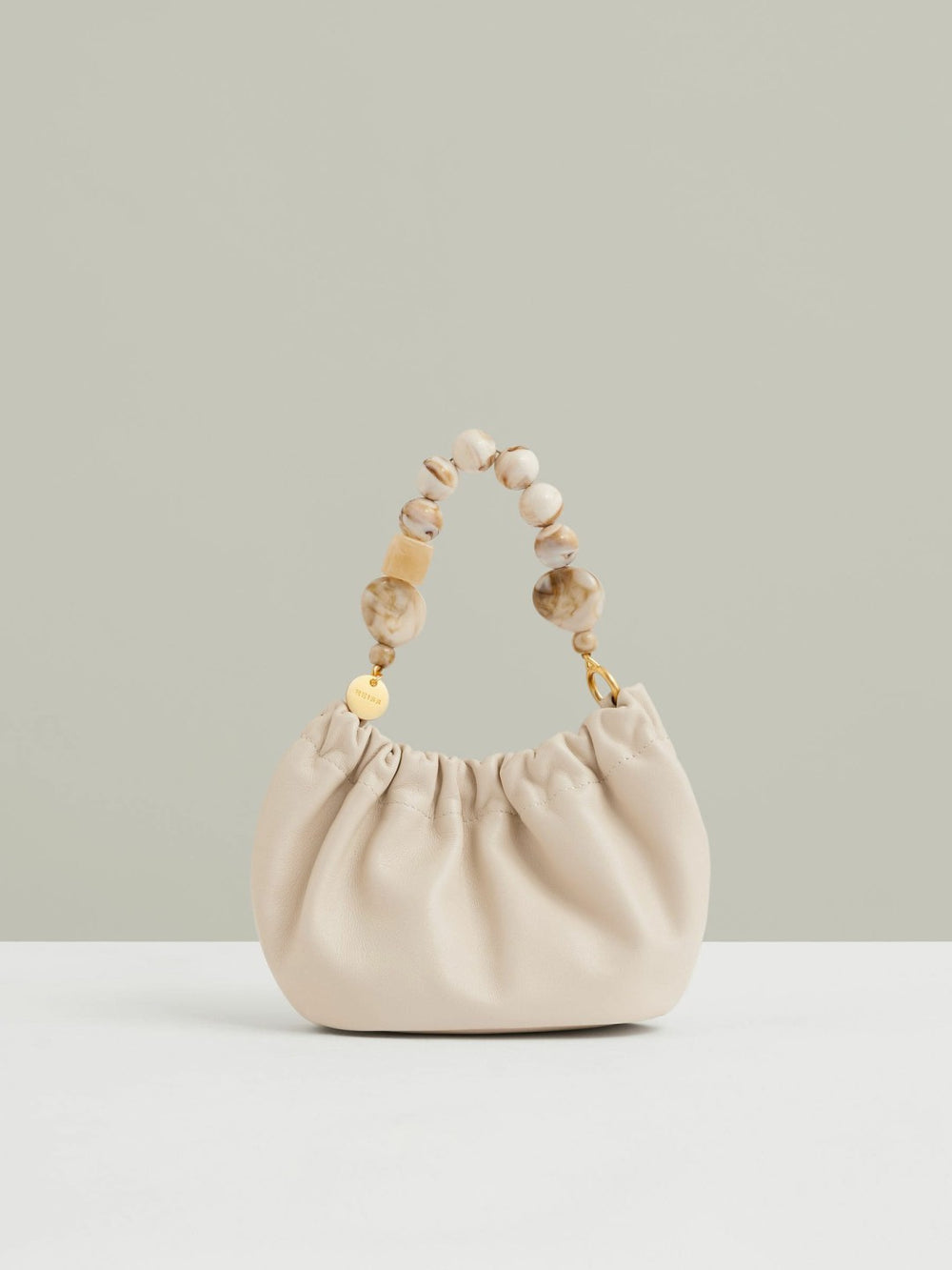 Leather Bead-Handle Pouch Bag in Off White