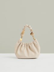 Leather Bead-Handle Pouch Bag in Off White