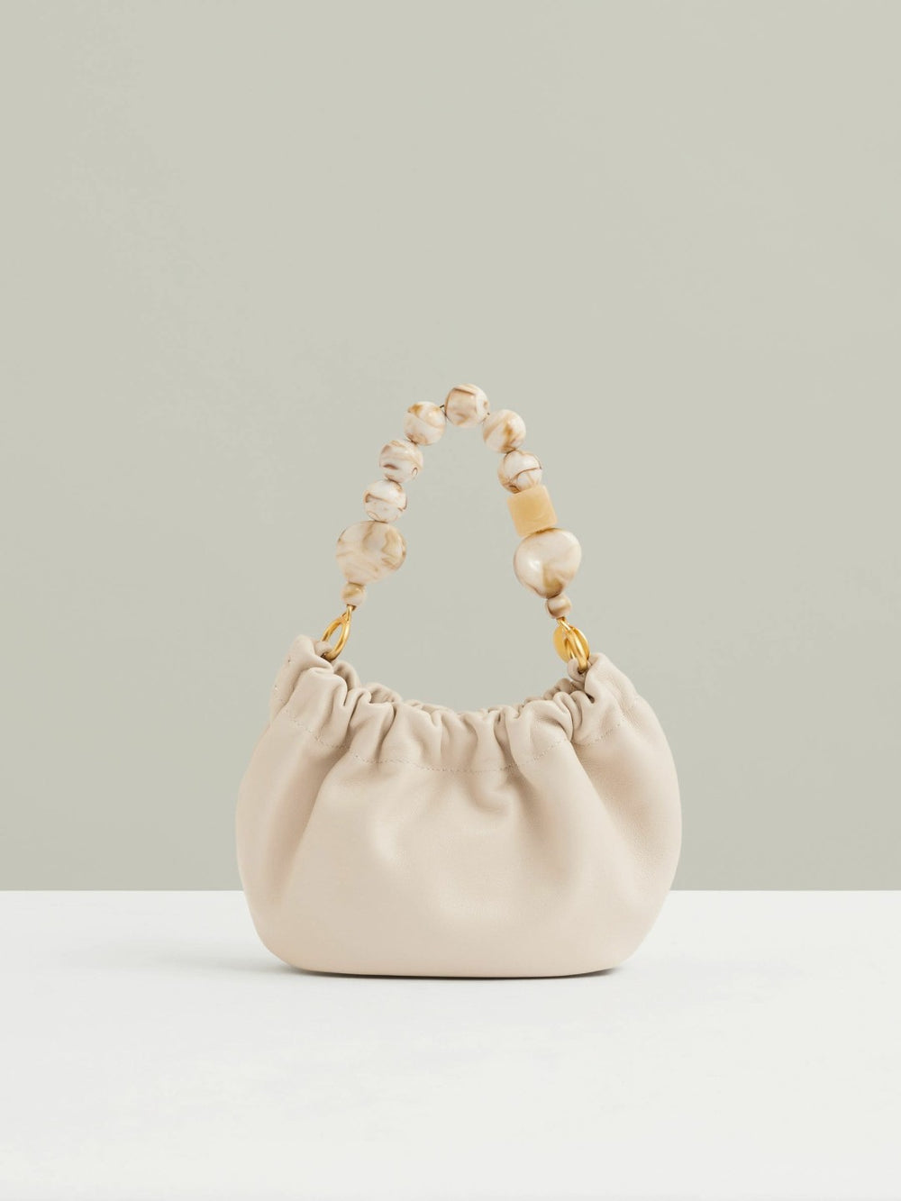 Leather Bead-Handle Pouch Bag in Off White