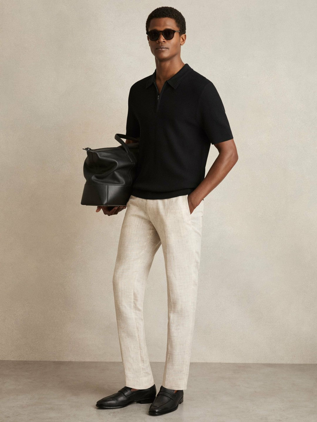 Textured Half-Zip Polo Shirt in Black