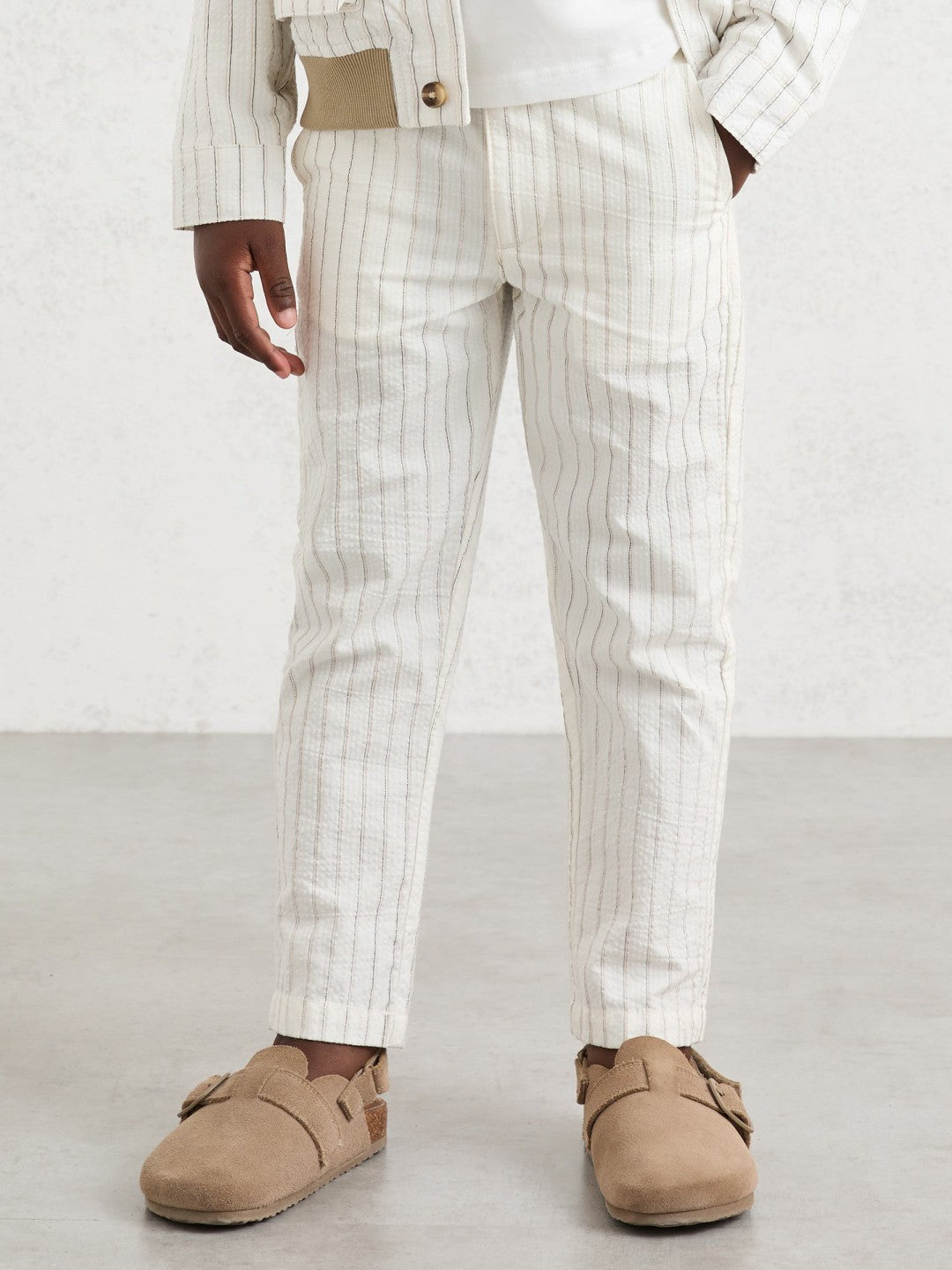 9-13 yrs Cotton Pinstripe Trousers Regular-Fit in Off White/Taupe Brown