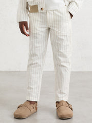 9-13 yrs Cotton Pinstripe Trousers Regular-Fit in Off White/Taupe Brown