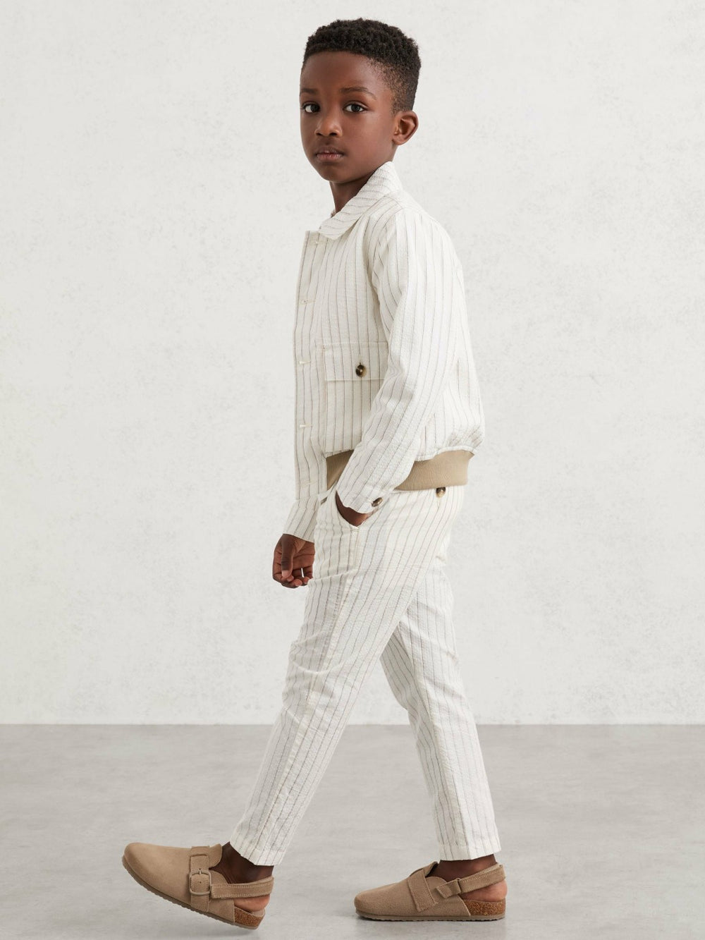 9-13 yrs Cotton Pinstripe Trousers Regular-Fit in Off White/Taupe Brown