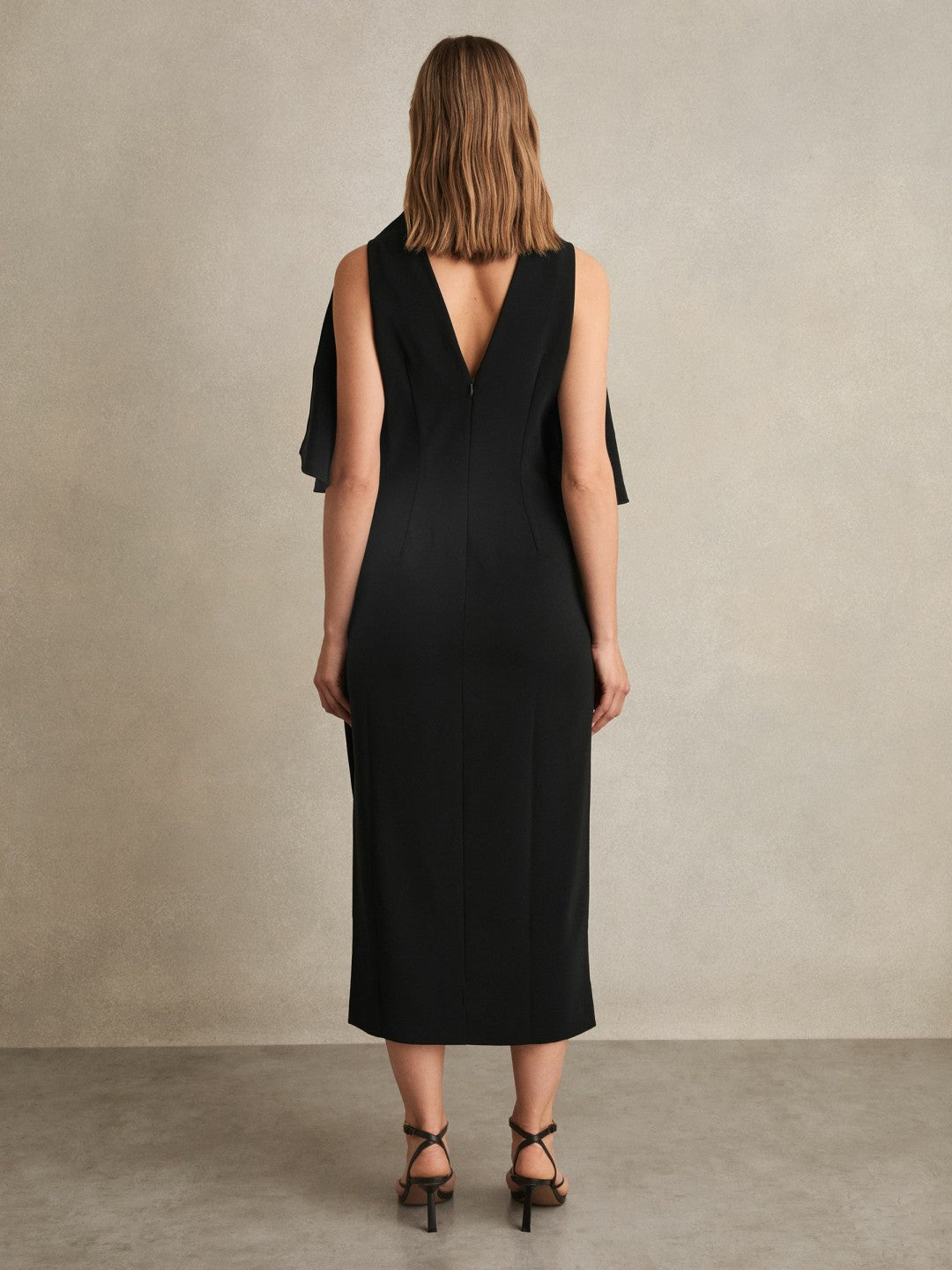 Draped-Front High-Neck Midi Dress in Black