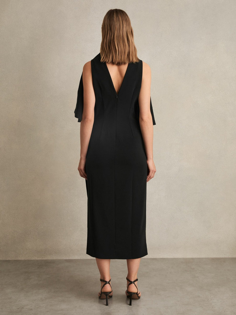 Draped-Front High-Neck Midi Dress in Black