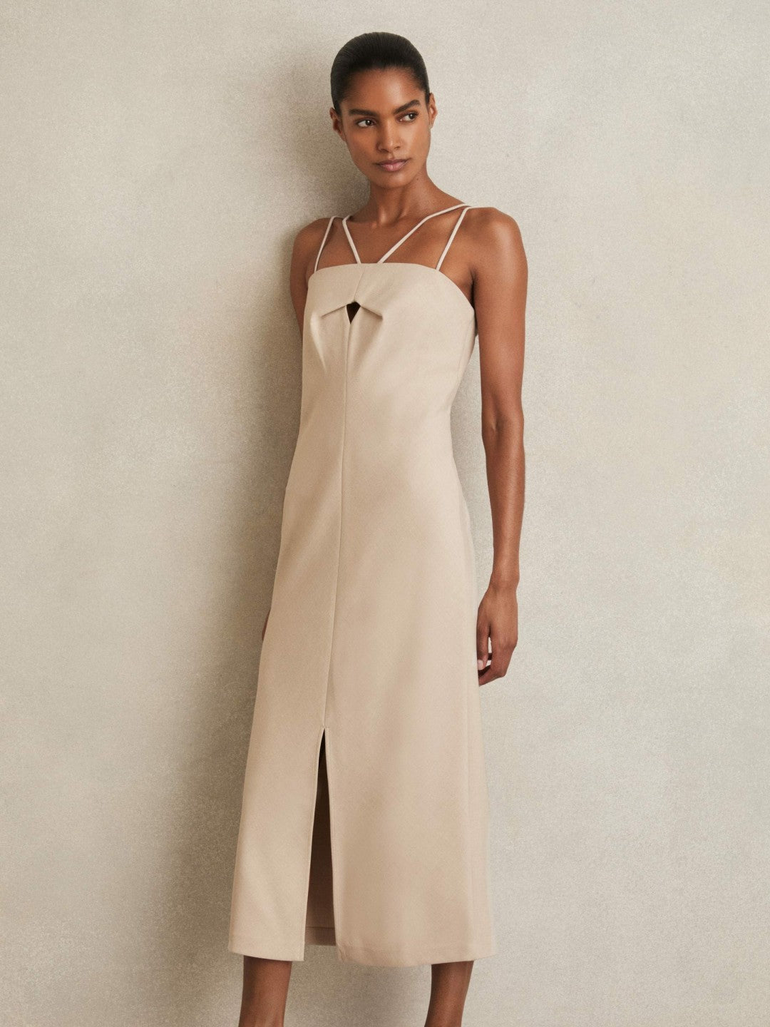 Double Strap Cut Out Midi Dress in Stone Neutral