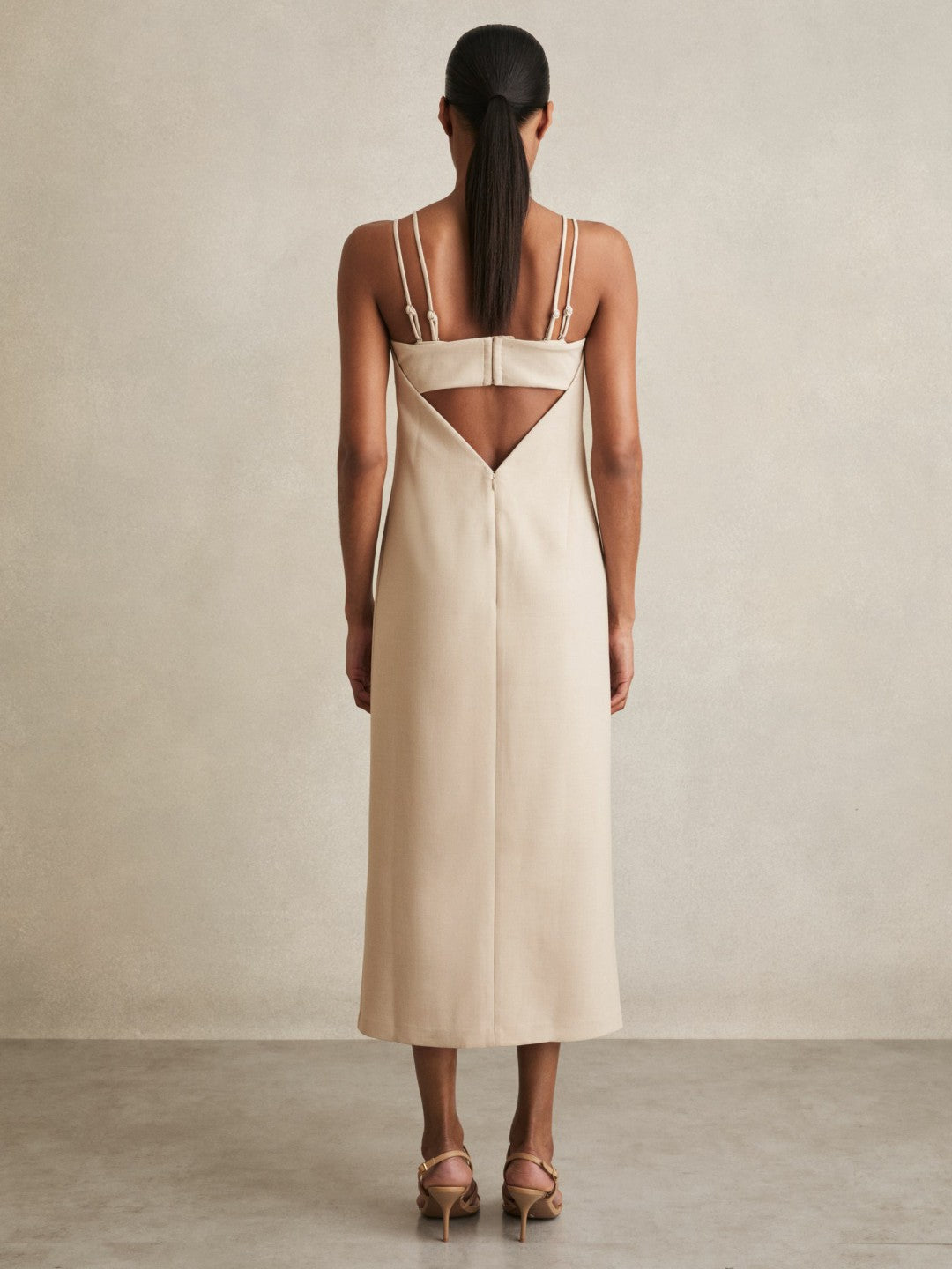 Double Strap Cut Out Midi Dress in Stone Neutral