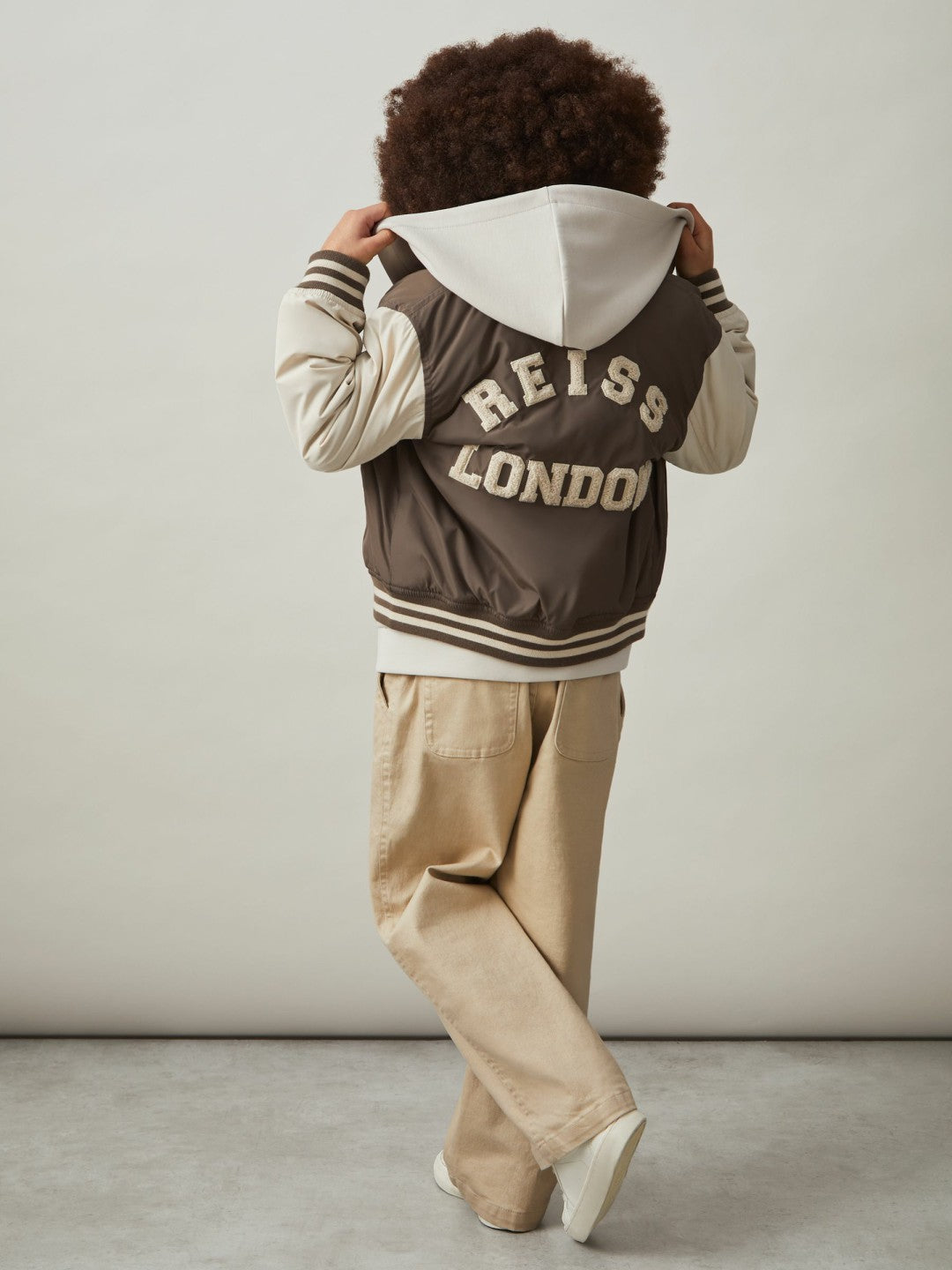 9-13 yrs Colour-Block Varsity Bomber Jacket in Mink Brown/Off White
