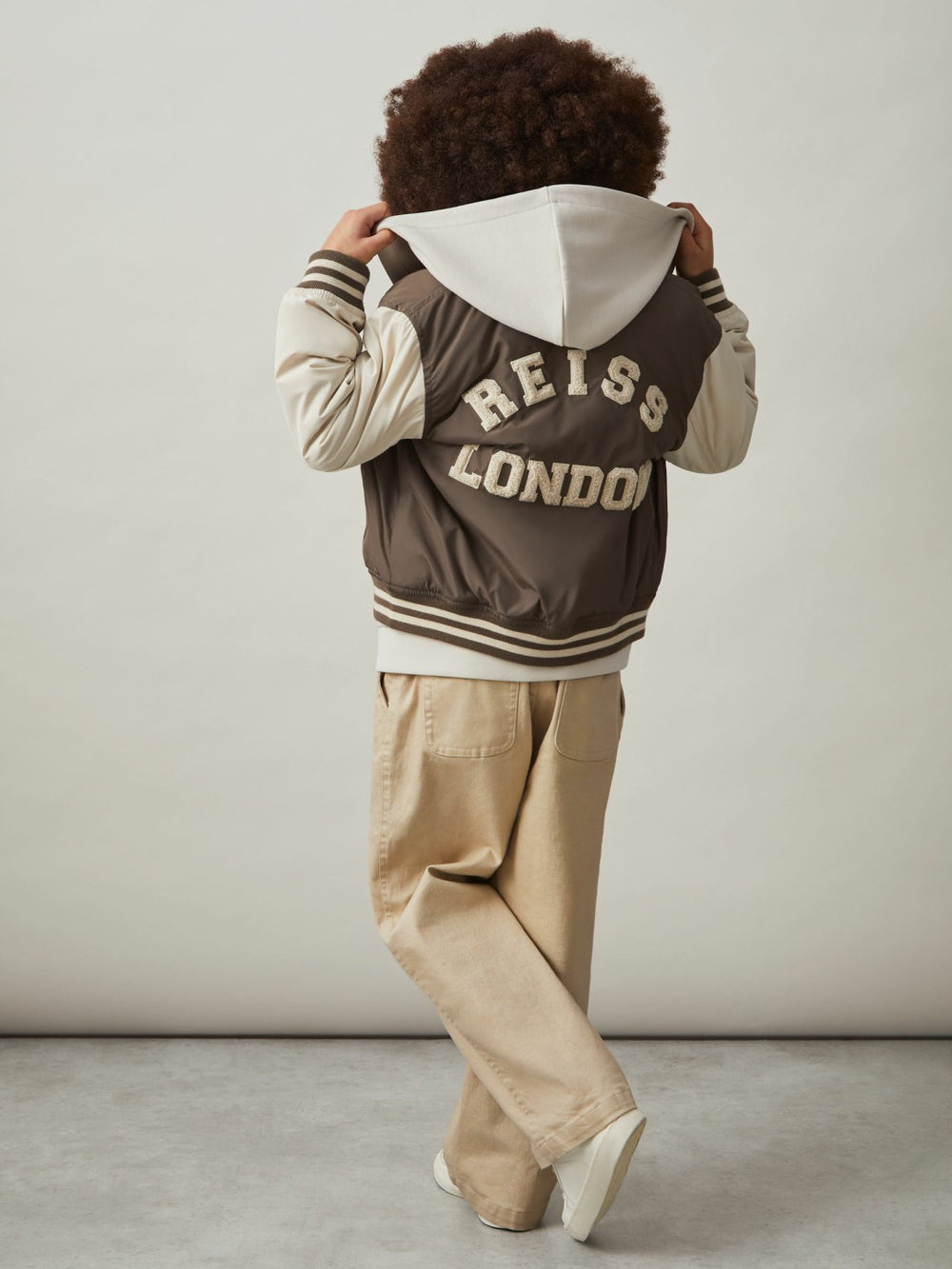 9-13 yrs Colour-Block Varsity Bomber Jacket in Mink Brown/Off White