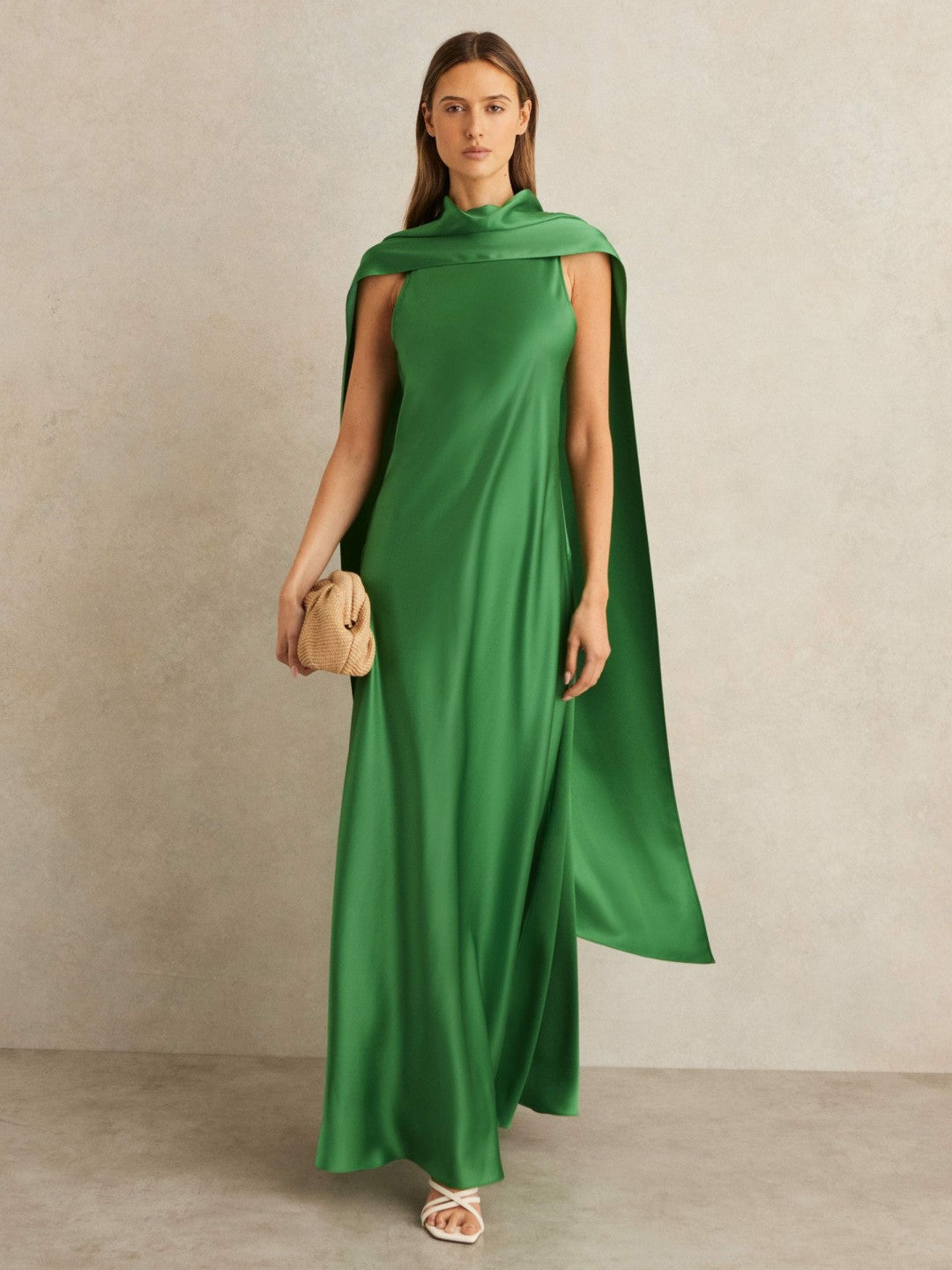 Satin Cape Maxi Dress in Green