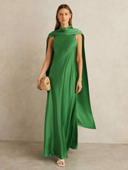 Satin Cape Maxi Dress in Green