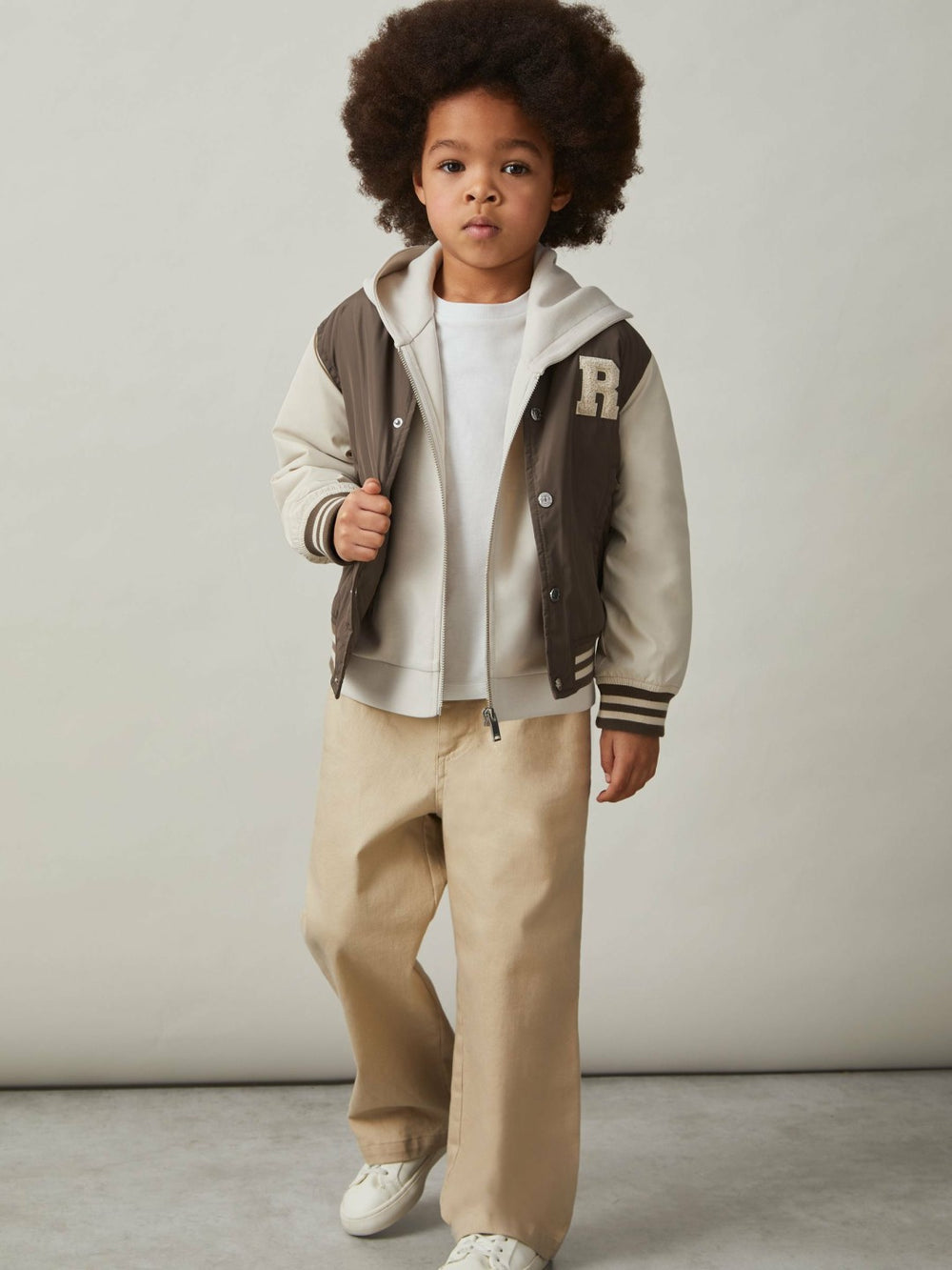 13-14 yrs Colour-Block Varsity Bomber Jacket in Mink Brown/Off White