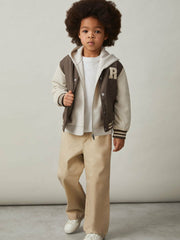 13-14 yrs Colour-Block Varsity Bomber Jacket in Mink Brown/Off White