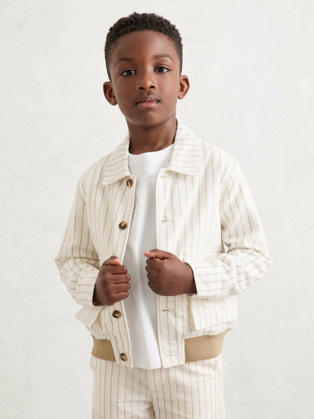 3-9 yrs Cotton Pinstripe Harrington Jacket in Off White/Taupe Brown