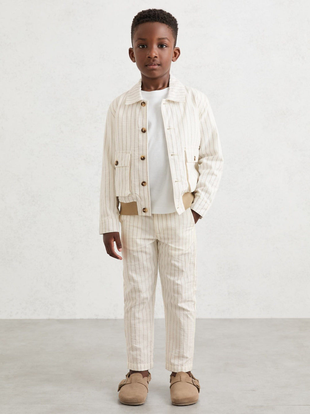 3-9 yrs Cotton Pinstripe Harrington Jacket in Off White/Taupe Brown