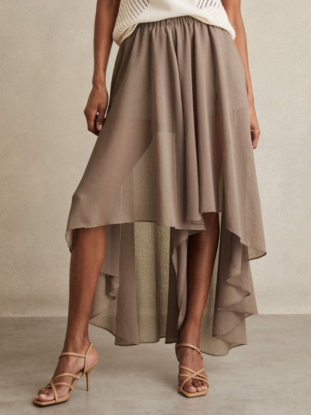 Sheer-Overlay High-Low Shorts in Mink Neutral