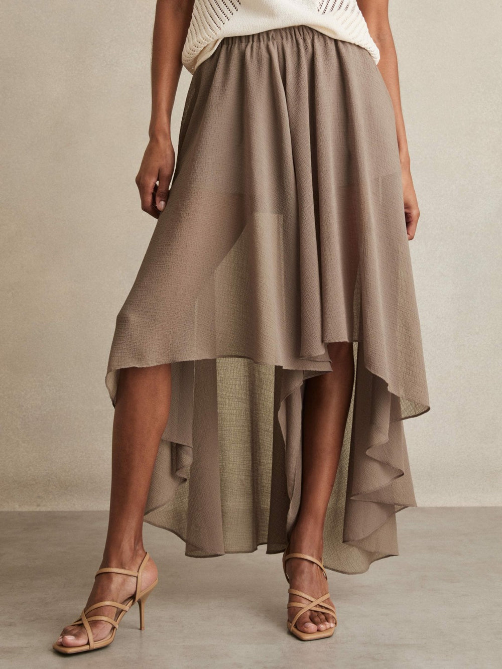 Sheer-Overlay High-Low Shorts in Mink Neutral