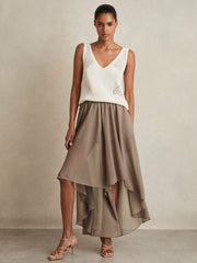Petite Sheer-Overlay High-Low Shorts in Mink Neutral