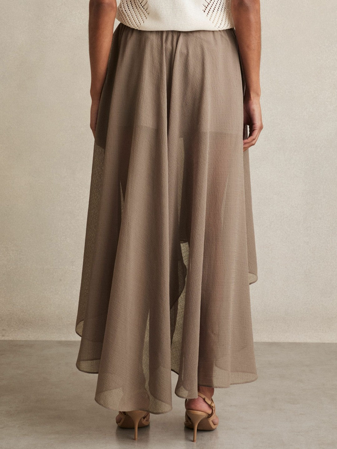 Petite Sheer-Overlay High-Low Shorts in Mink Neutral