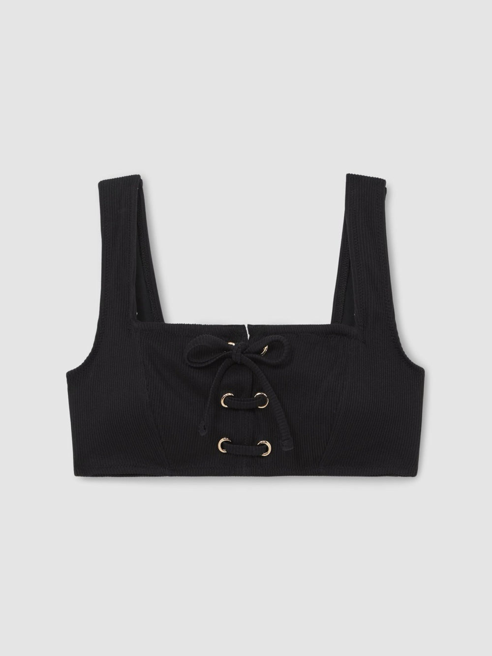 Ribbed Lace-Up Bikini Top in Black